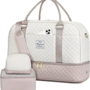 Travel Duffle Bag Weekender for Women: Travel Duffel Bag Carry-On Overnight Bag with Shoe Compartment & Wet Pocket Large Weekend Tote Bag withGym Duffel Bag for Hospital Beige